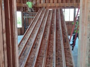 Interior shot of construction workers building a new home.