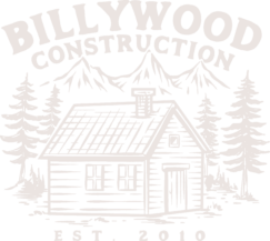 Logo of Billywood Construction featuring a cabin with a chimney, surrounded by trees and mountains, symbolizing their expertise in remodeling. Established in 2010.