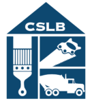 Logo of CSLB featuring a paintbrush, saw, wheelbarrow, and truck inside a house outline on a blue background, symbolizing remodeling expertise from bathrooms to fences.