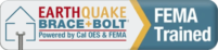 Badge featuring the Earthquake Brace + Bolt logo, powered by Cal OES & FEMA, with 